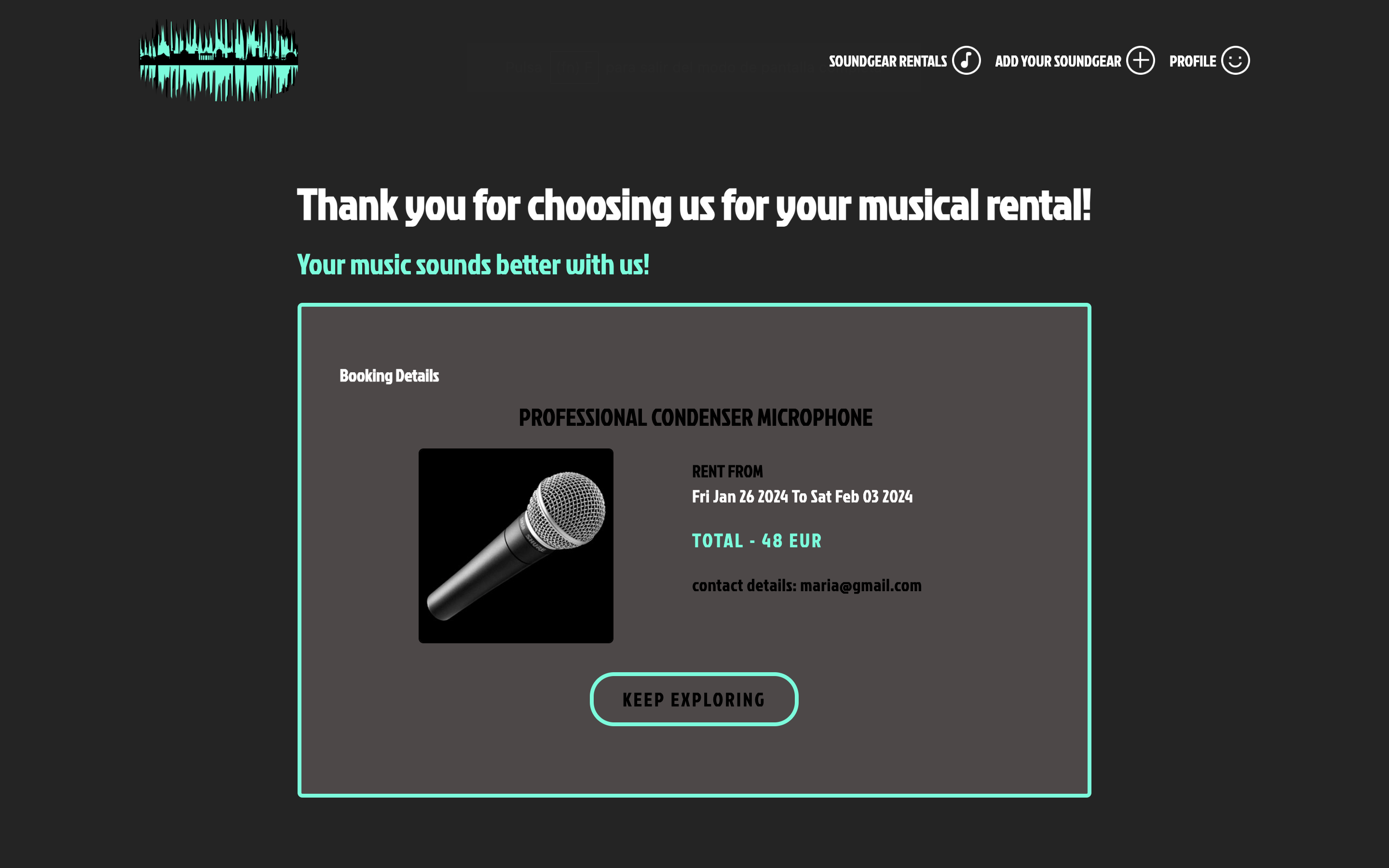 Bsound Booking Confirmation Page